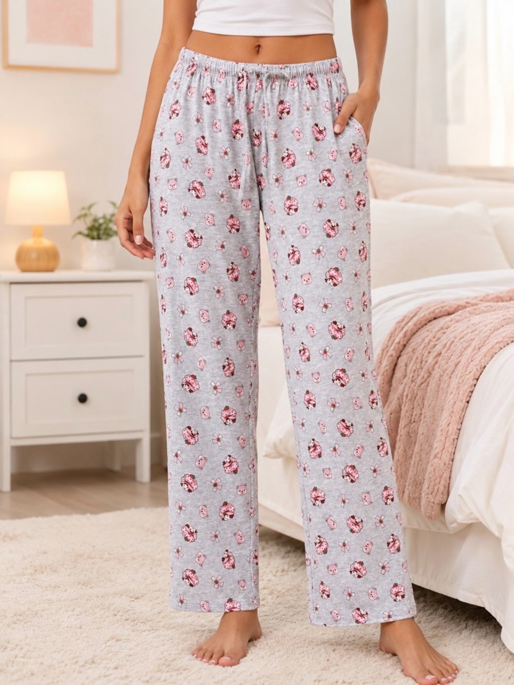 Strawberry Shortcake Allover Pattern Gray Pajama Pants Size Med* Pockets